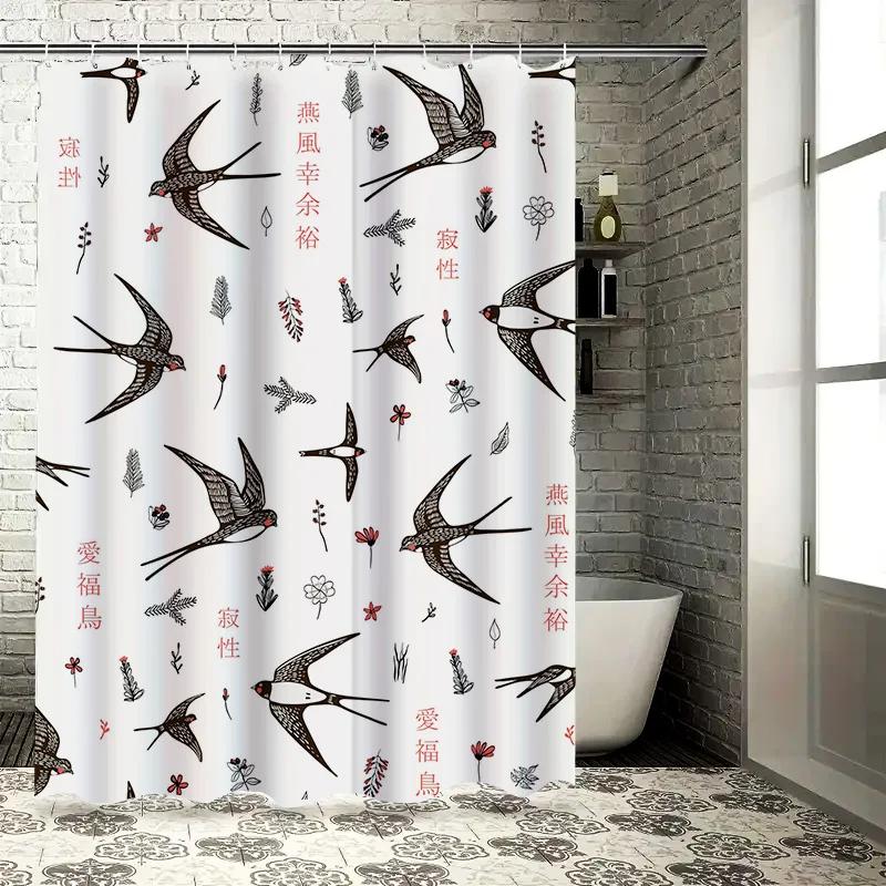 Black White Swallow Birds Shower Curtain for Bathroom Decor Floral Design Printed Waterproof Home Decoration in Bath Curtains