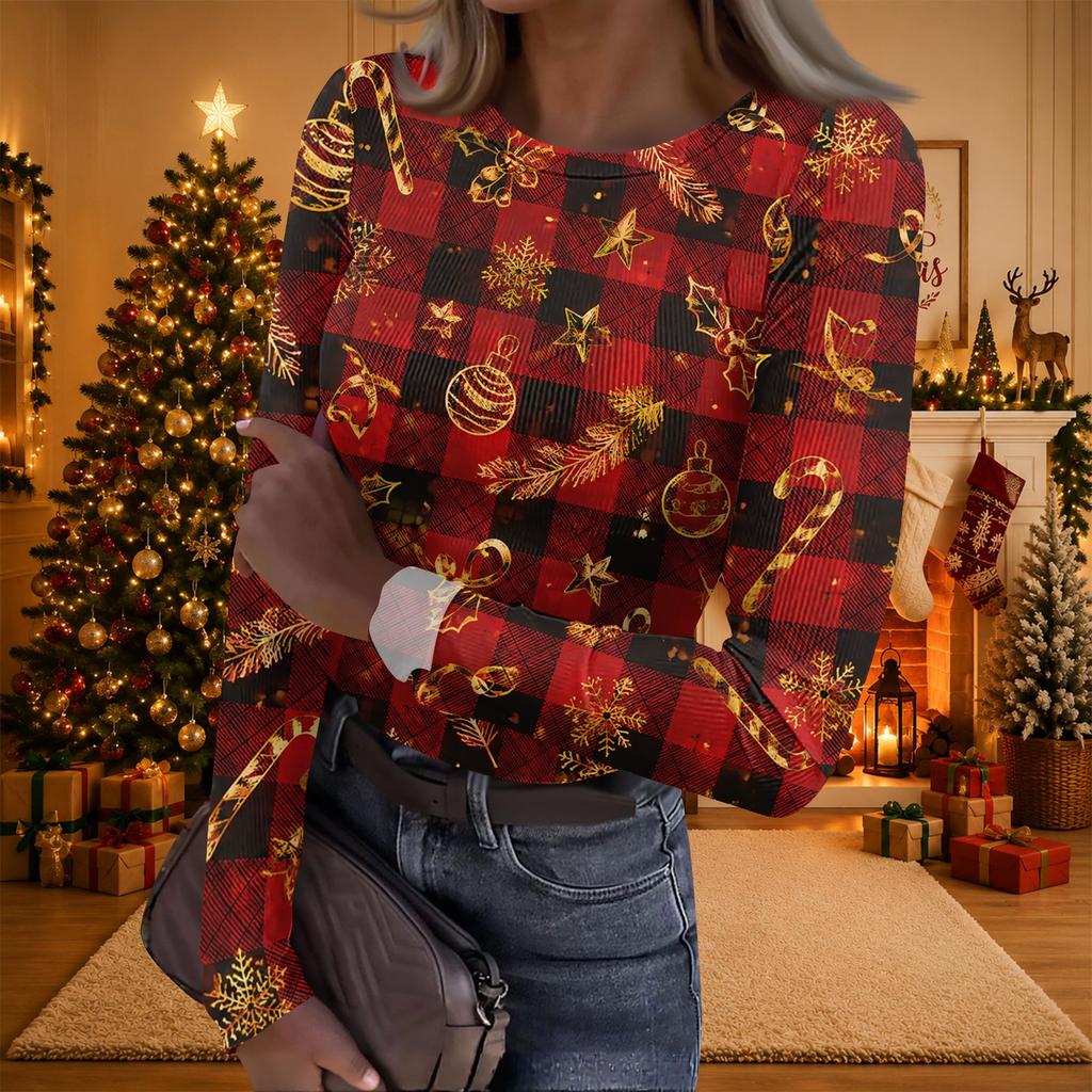 Women's Christmas Print Long Sleeve Round Neck Ribbed Knit Top