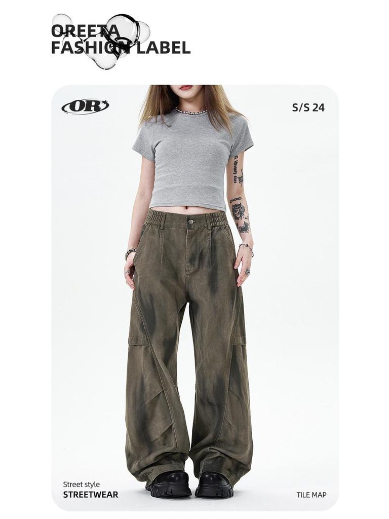 OREETA Tie-Dye Gradient Curved Leg Cargo Pants: Casual Wide Leg Streetwear In Pure Cotton