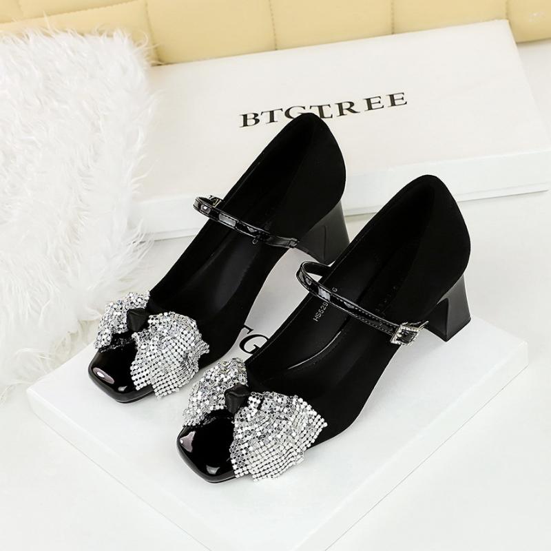 Fashion Korean Version Of One-Length Strip Rhinestone Buckle Single Shoes Square Toe Thick Heel Sequin Bow Mid-Heel Women's Shoes