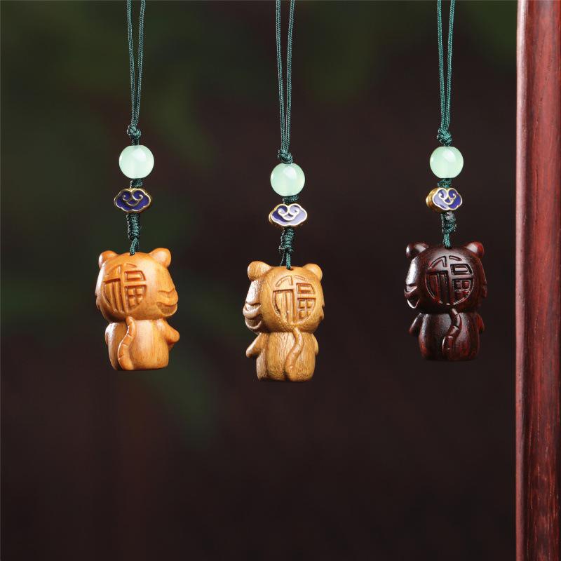 Tiger Blessings Zodiac Phone Charm: Creative Wood Carved Pendant & Keychain Gift