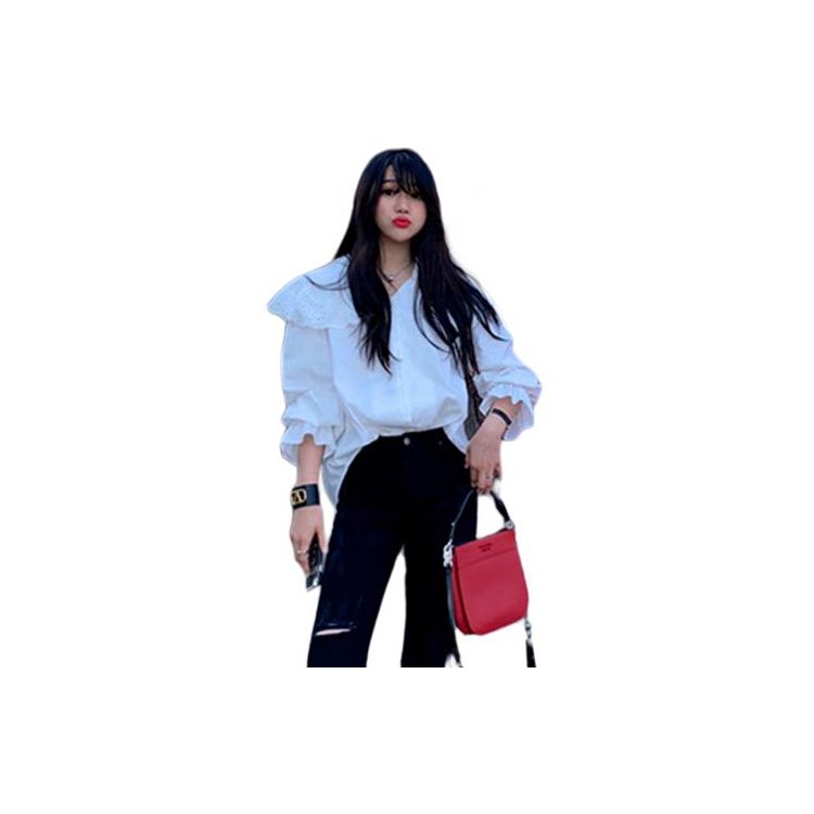 

Elegant Ruffled Long Sleeve V-Neck Blouse Women Tops White DWC22