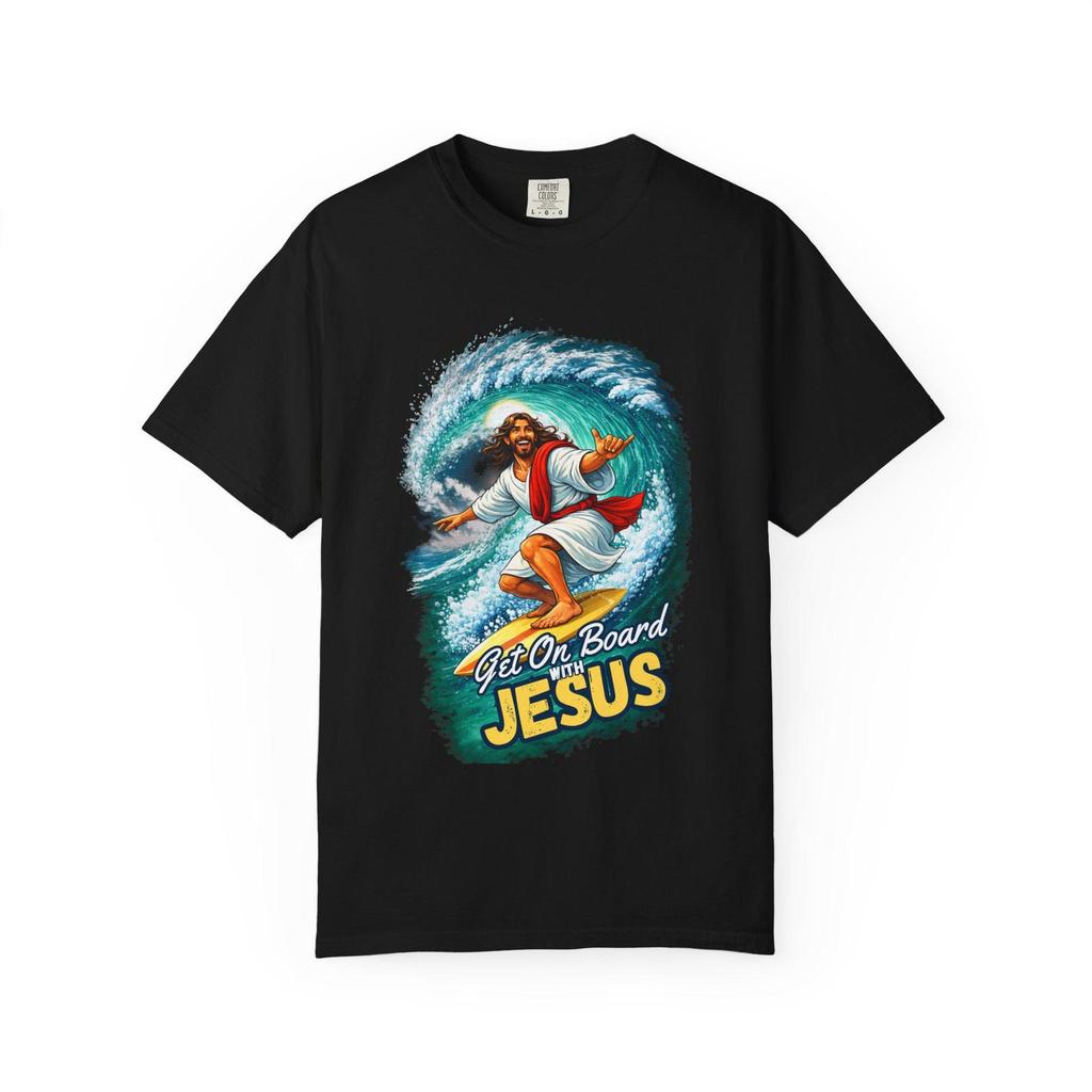 Get On Board With Jesus surfboard T-shirt | Christian surfing design
