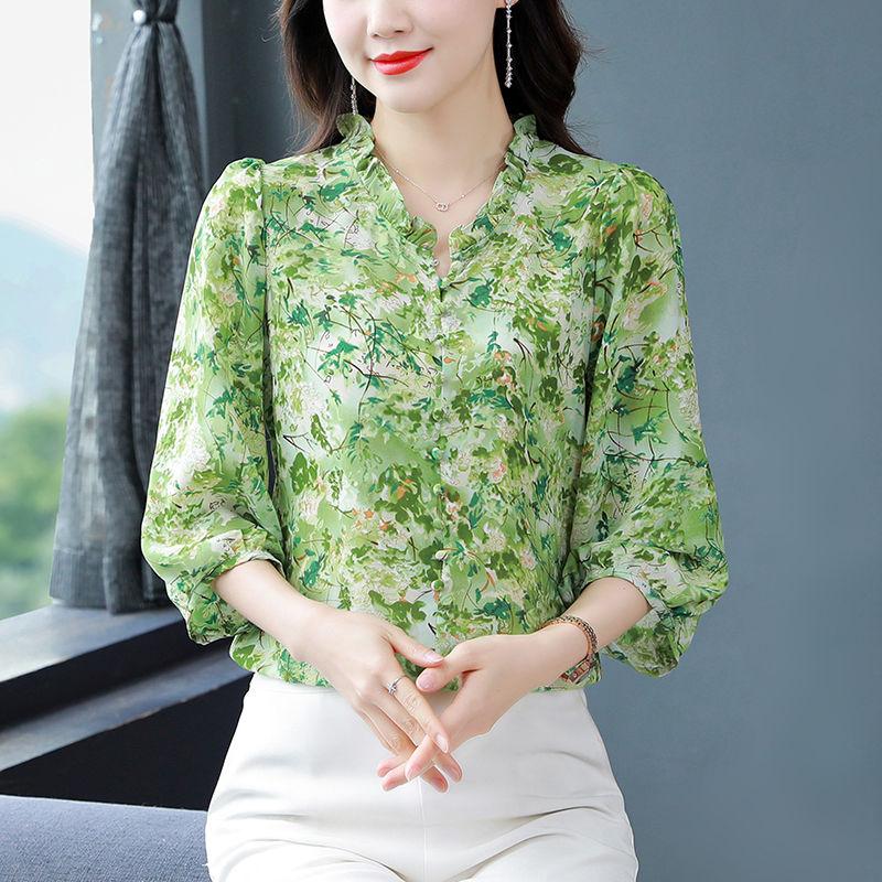Nine Quarter Sleeve Chiffon Shirt Women Loose Fitting Mother's Bottoming Blouse Floral Top M-4XL
