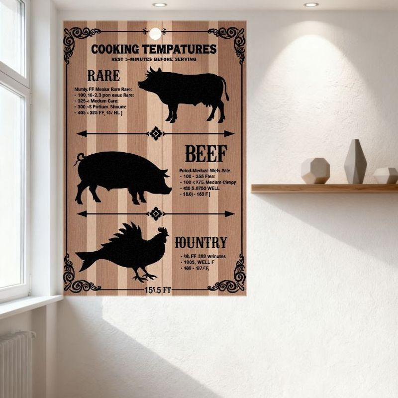 Cartello Metallico Vintage Temperature di Cottura, Rara Placca Guida Temperature BBQ Manzo Pollame per Cucina Man Cave Bar Ristorante