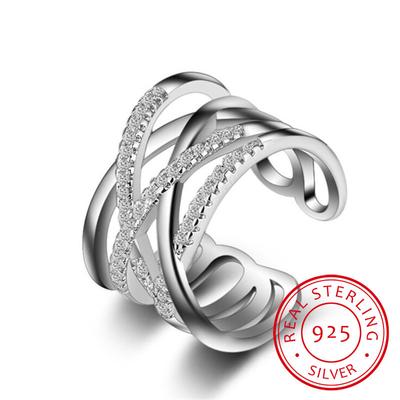 Korean 925 Silver Opening Rings Multi-layer Line Cross Mosaic Zirconia Rings For Women Jewelry S-r243