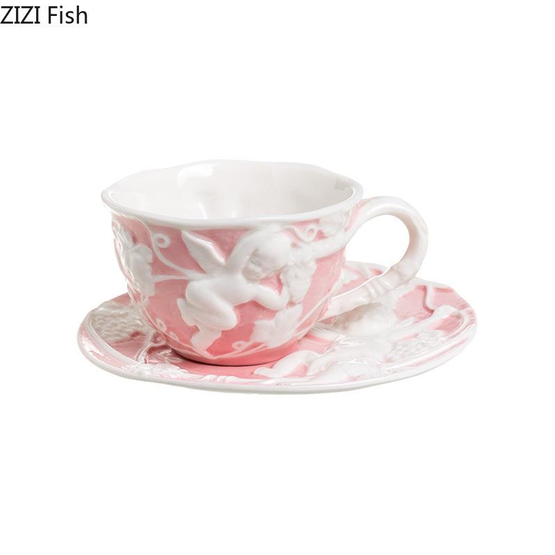 Emboss Ceramic Teapot Black Tea Cup Saucers Set Retro Afternoon Tea Coffee Cup Saucer Couple Cup Set Home Creative Drinkware Mug
