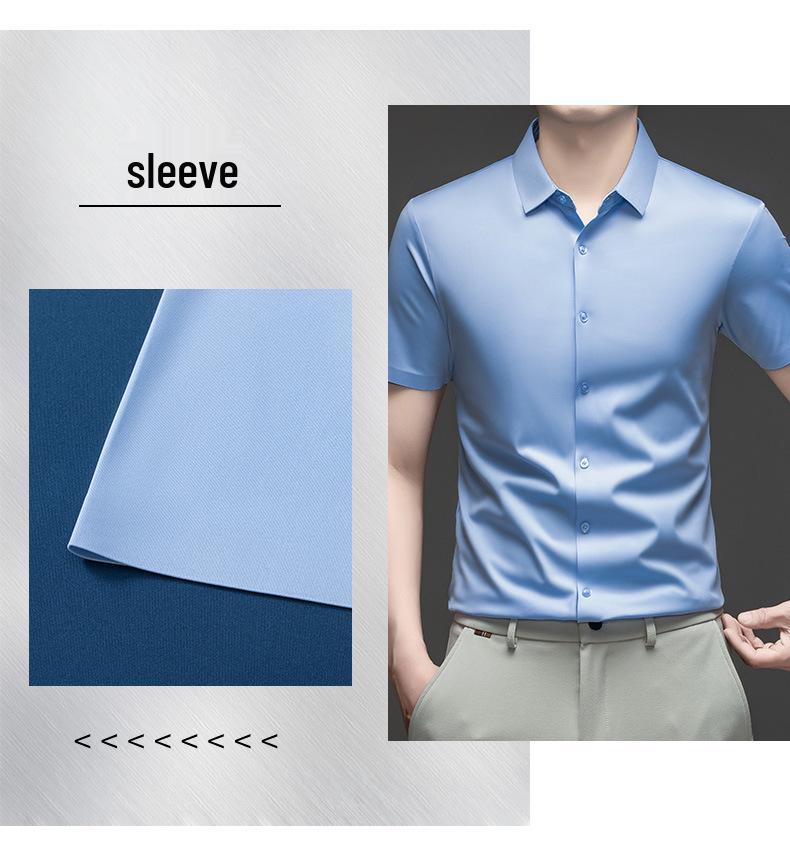 Pánská letní bezešvá košile s krátkým rukávem z ledového hedvábí - Prodyšná, jednobarevná, Business Casual, s krátkým rukávem.