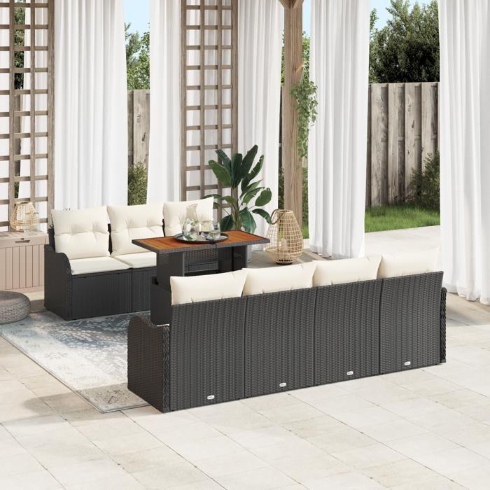 Ensemble de 8 pièces de canapés de jardin avec coussins en rattan poly noir, Canapé de jardin 2 places avec rangement et 3358154
