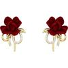 Red Velvet Floral Stud Earrings with 925 Silver for Women - Elegant French Design for Autumn/Winter