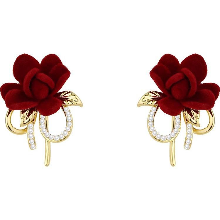 Red Velvet Floral Stud Earrings with 925 Silver for Women - Elegant French Design for Autumn/Winter