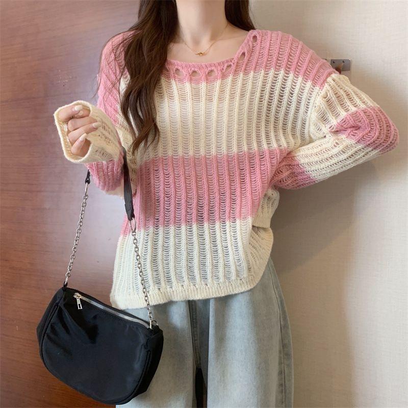 

Полосатый вязаный свитер с ажурным узором, ленивый стиль, защита от солнца, накидка, уникальный тонкий свободный топ с длинным рукавом L розовый