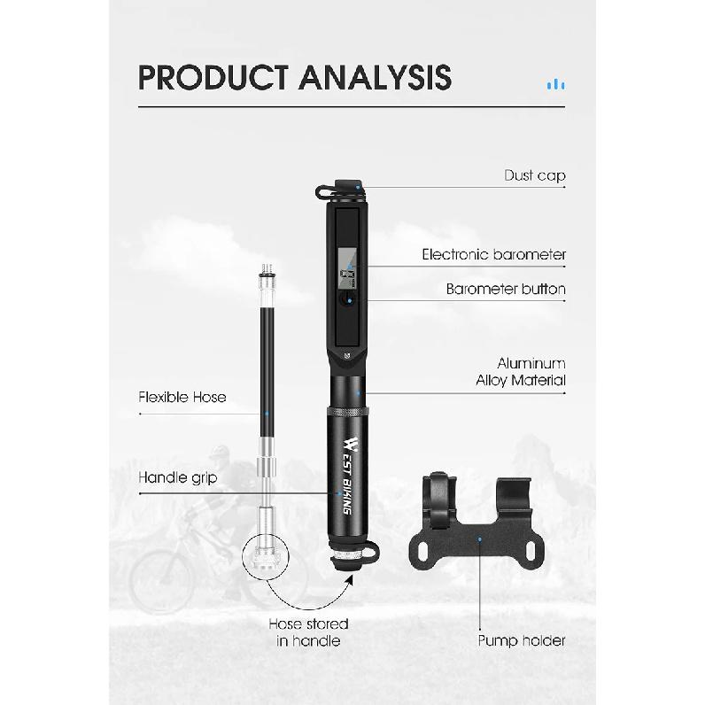 WEST BIKING Portable Bike Pump High Pressure Digital Gauge Hose MTB Road Bicycle Pump Schrader Presta Valve Cycling Hand Pump