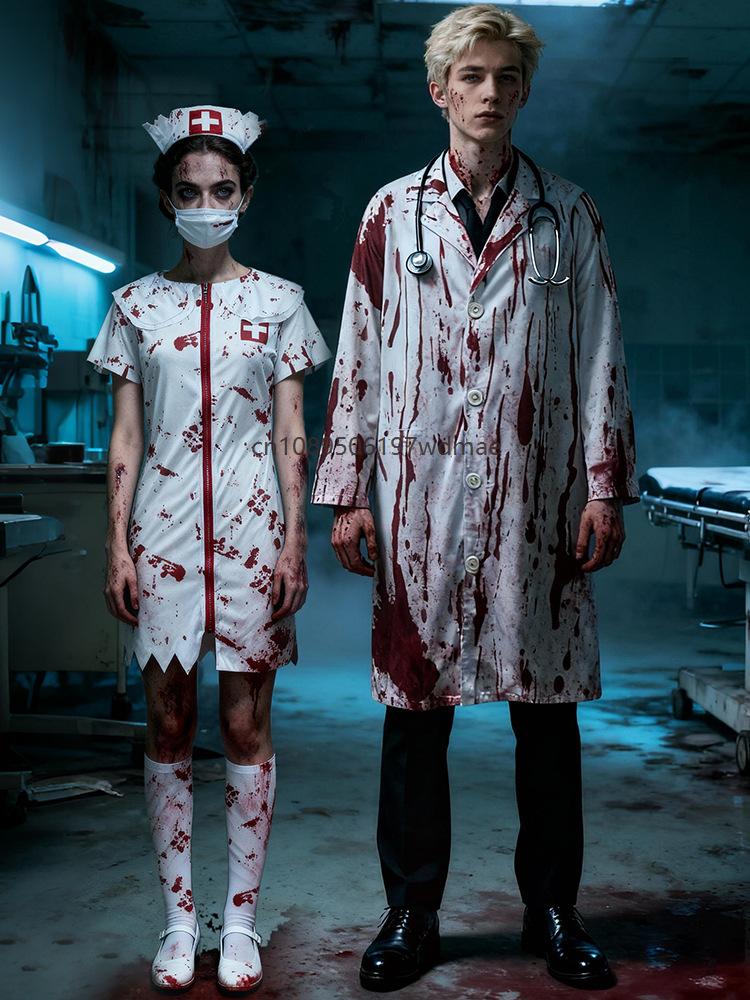 Zombie Doctor Nurse Couple Costume Bloody Scary Hospital Outfit Adult Horror Halloween Masquerade Cosplay Fancy Dress Set