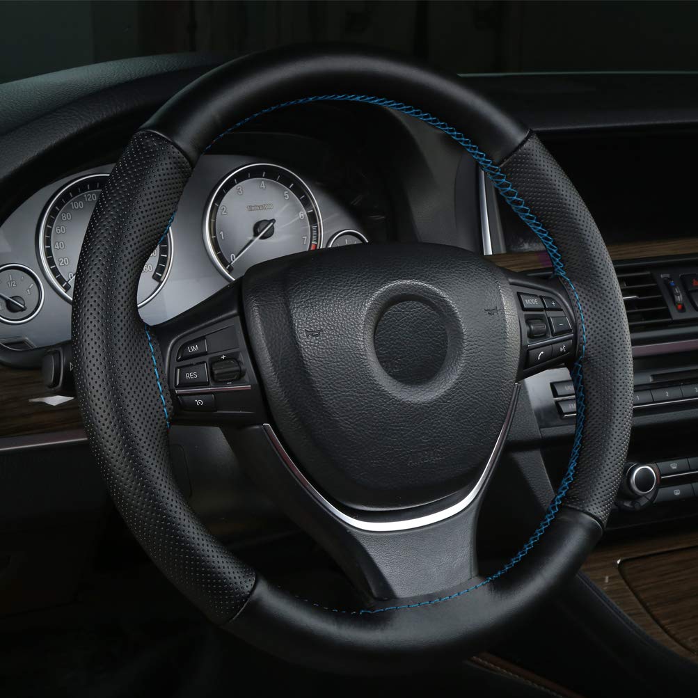 ZATOOTO YWLY0092-BL Steering Wheel Cover, Small Size, Braided Type, Genuine Leather, Steering Cover, Breathable,