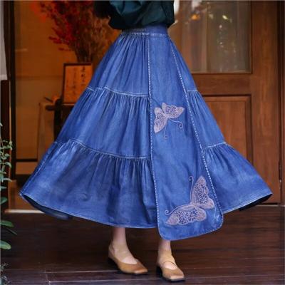 Kobieta Wiosna Haft Motyla Chiński Styl Spódnice Vintage Łączenie Devise Bawełna Retro Casual Spódnice