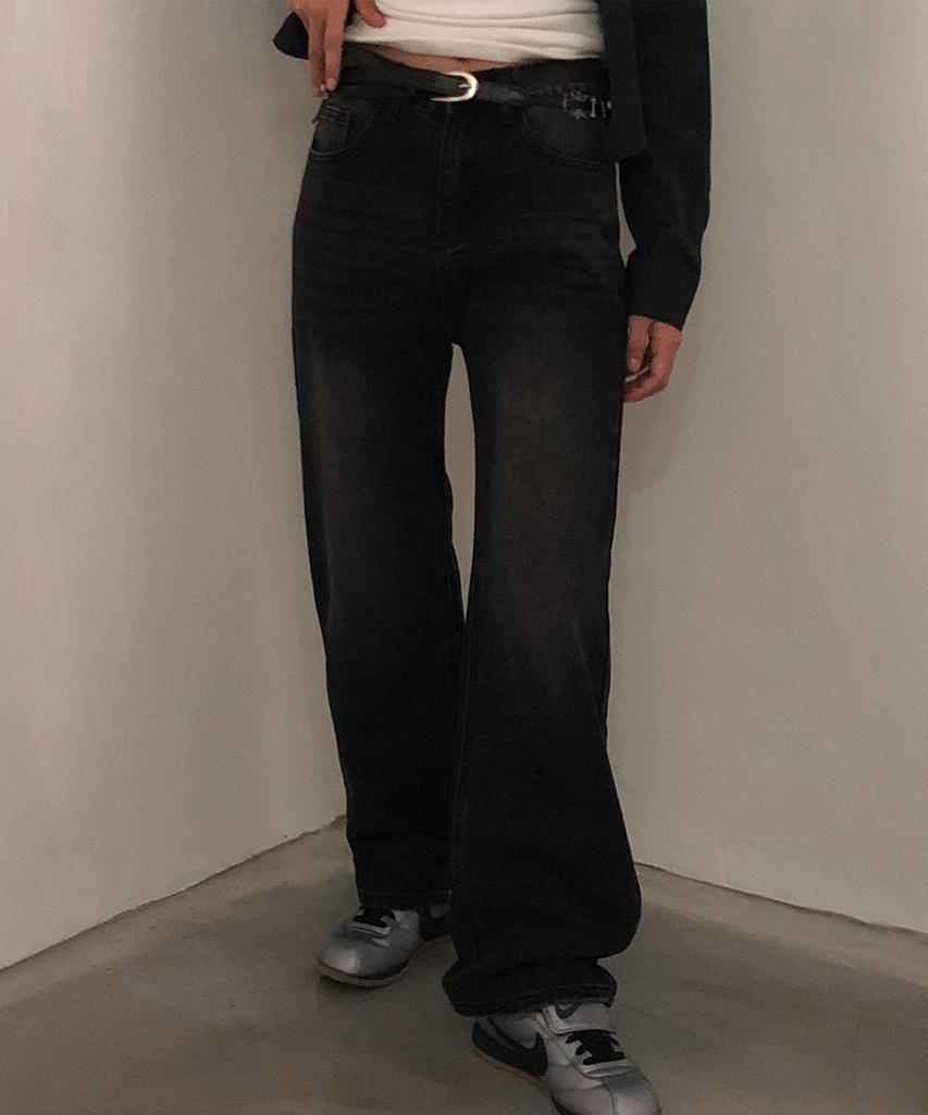 CHICKS Vintage Washed Wide Fit Denim Pants Black