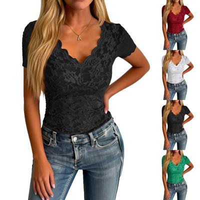Haut sexy à manches courtes et décolleté en V en dentelle tendance pour femme