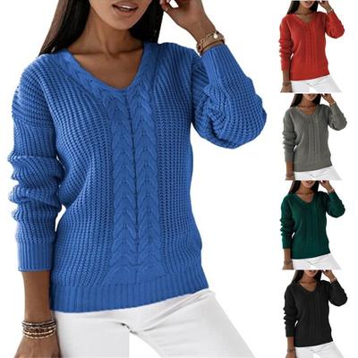 Jesień i zima Plus Size Sweter z dzianiny damskiej Długi rękaw Dekolt w serek Jednolity sweter Swetry damskie Vintage Twists Casual Warm Sweter z dzianiny 24606