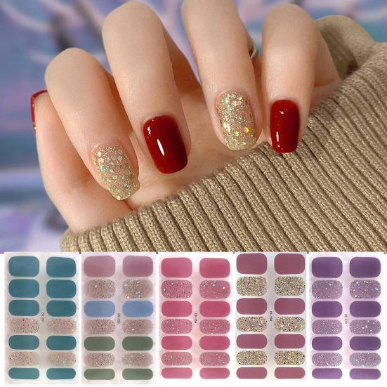 1 Sheet Gel Nail Strip UV Free Easy Apply Remove Self-adhesive Nail Sticker Long Lasting Waterproof Quality Glitter Solid Color Decorative Nail Wrap