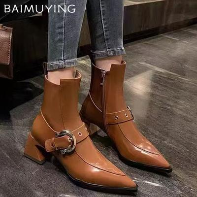 Punta Puntiaguda Botines de Nieve para Mujer Tacones Medios Zapatos Sexy Moda Cuero Invierno Botas Chelsea Tendencia Zapatos de Salón Gruesos Botas Mujer