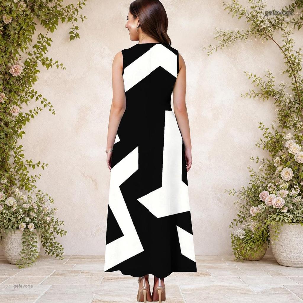 Women Plus Size Round Neck Sleeveless Black White Geometric Printed A Line Long Dress With Side Pockets