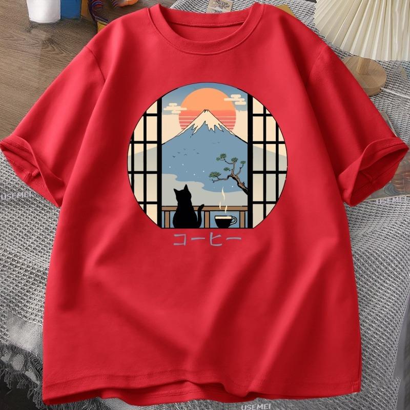Coffee Cat in Mt Fuji Tshirt Men Women Round Neck Short Sleeve Tshirt Japanese Style Printed TShirt Cotton Oversized Tops