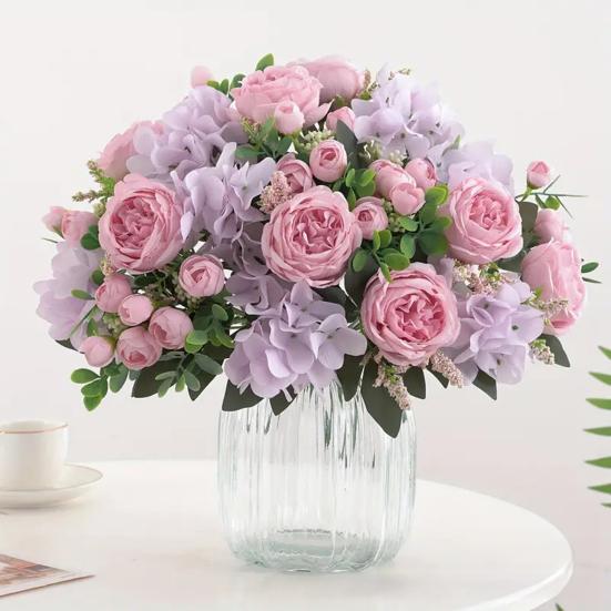 Yousheng Fake Roses Artificial Flower Bouquet Realistic Mixed Roses Peonies Dahlias with Stem for DIY Wedding Bridal Bouquet Baby Shower Home Table