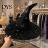Witch Hat for Halloween Costume Women, Large Glitter Sequins Mesh Wizard Decorative Party Cosplay with Butterfly Accessory, Elegant Curved Brim