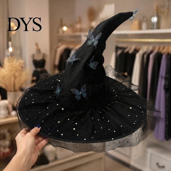 Witch Hat for Halloween Costume Women, Large Glitter Sequins Mesh Wizard Decorative Party Cosplay with Butterfly Accessory, Elegant Curved Brim