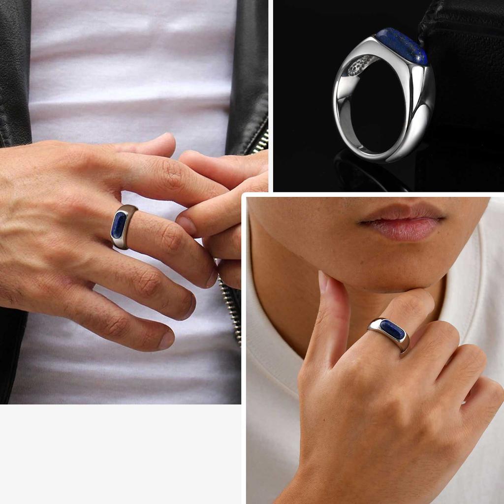 Vintage Lapis Lazuli Natural Stone Ring for Men, High Polished Stainless Steel Ring, Punk Fashion Jewelry Gift Wholesale