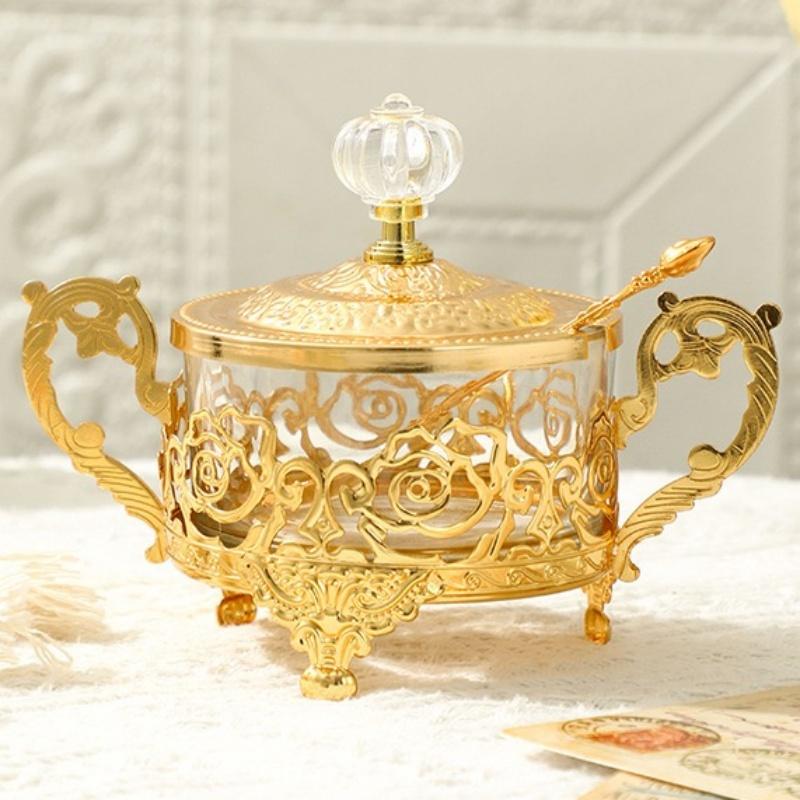 Golden Iron European Style Spice Jar,Home Kitchen Supplies Glass Sugar Bowl,Storage Sealed Jar Cream Organizer,Kitchen Tools