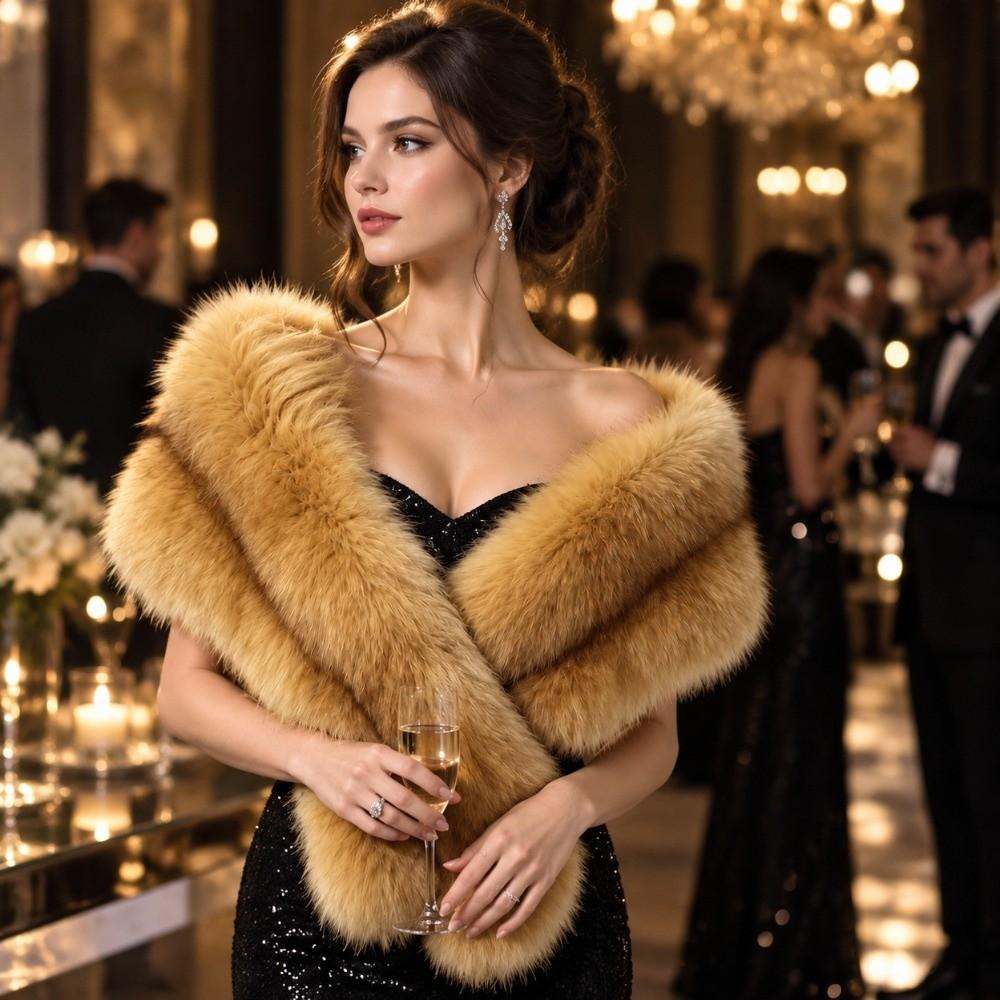 Multicolor Faux Fur Shawl Thick Bridal Stole Fashionable Winter Fur Wrap Evening Party