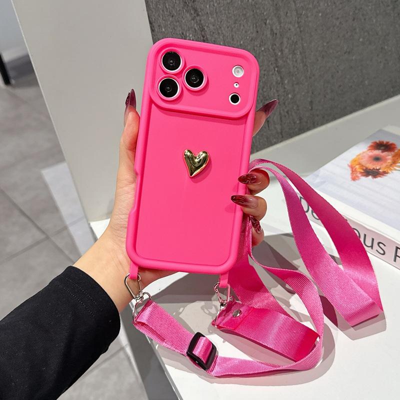 Cute 3D Golden Love Heart Soft Case For iPhone 17 11 12 13 14 15 Pro Max 16 Plus Crossbody Necklace Strap Lanyard Cover