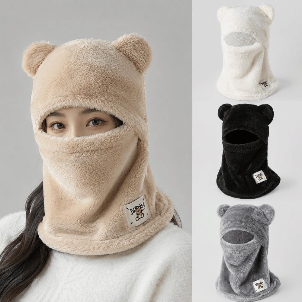 Windproof Cute Bear Cap Scarf Set Plush Ear Protection Hat Fashion Pullover Cap Women Girls