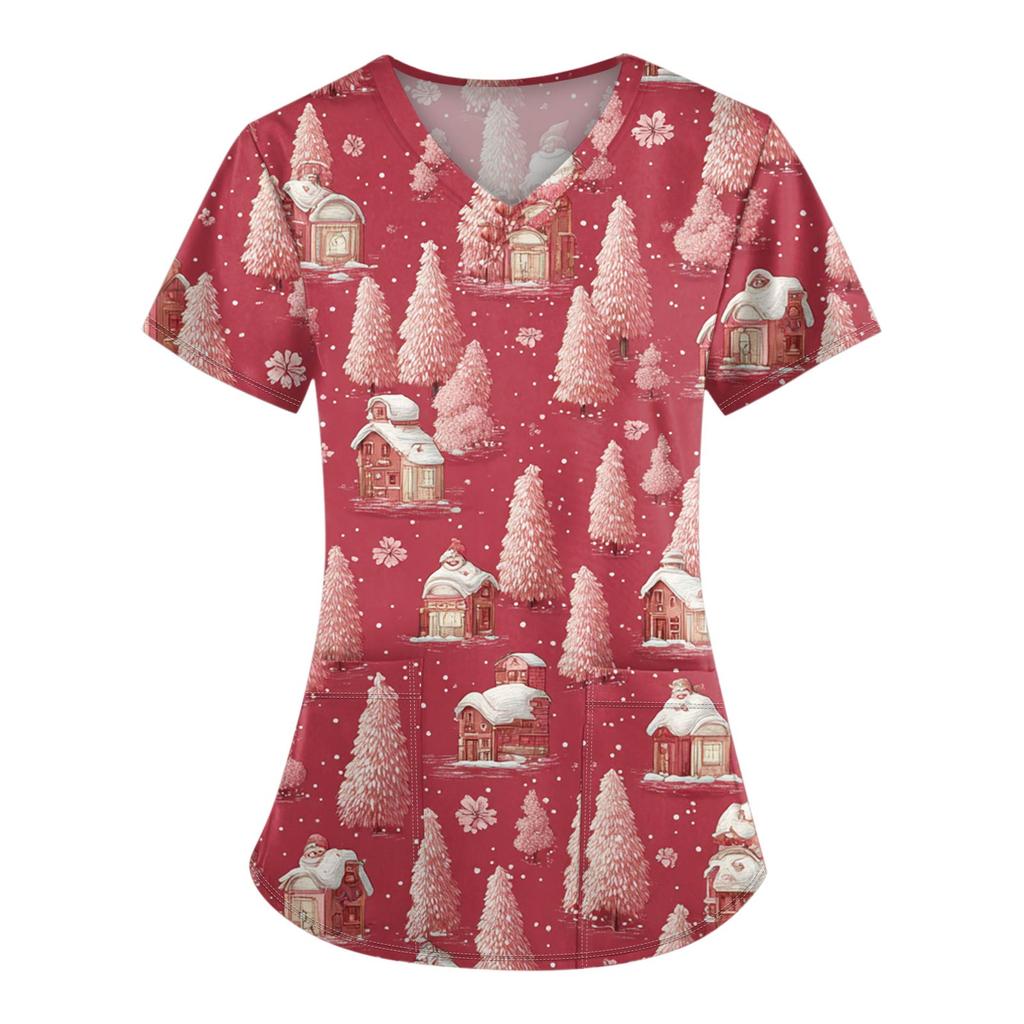Damen-Bluse mit Weihnachtsdruck, kurzärmelig, V-Ausschnitt, Arbeitstasche