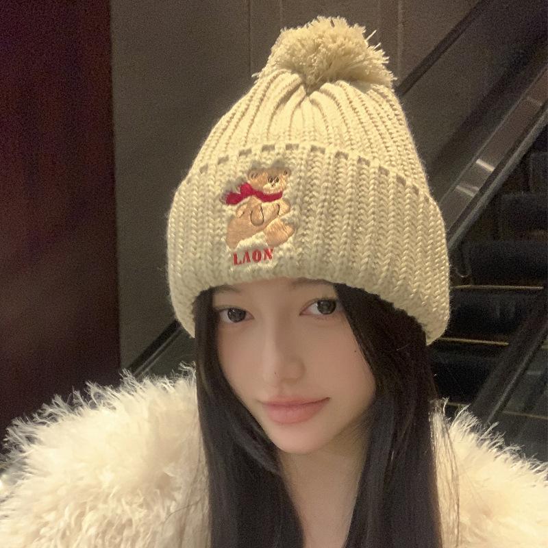 Cute bear embroidered knitted wool hat for children to keep warm in winter, thickened ear protectors, hairball cold hat to show small face