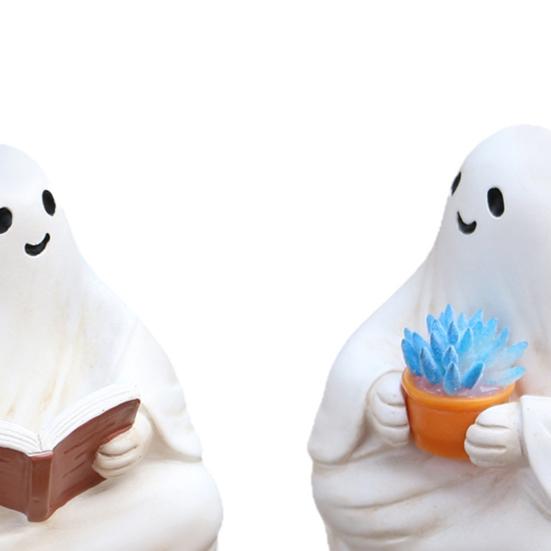 2 Pcs Sitting Ghost Ornaments Reading Holding Potted Plant Statue Figurine Resin Ghost Halloween Decor