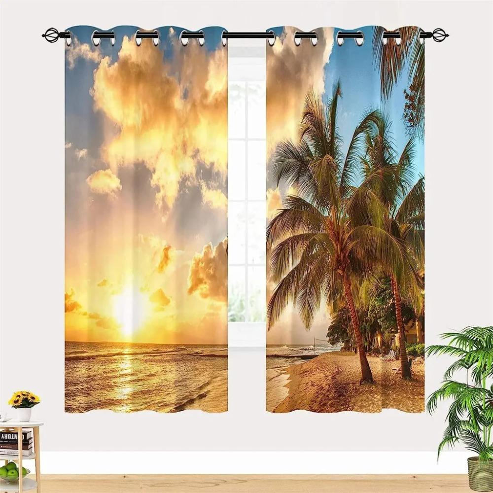 Summer Beach Starfish Sea Natural Sky Tree View Window Curtain For Living Room Kids Bedroom Bathroom Kicthen Door Home Decor2Pcs