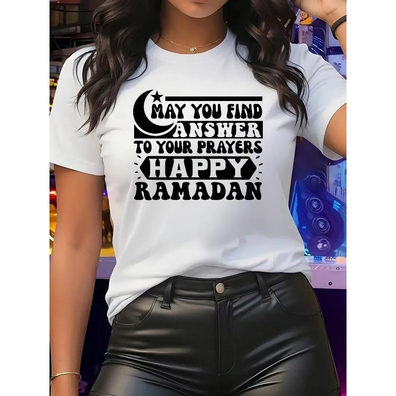 Women s Minimalist Letter & Geometric Print Crew Neck Short Sleeve Casual Basic T-Shirt S белый
