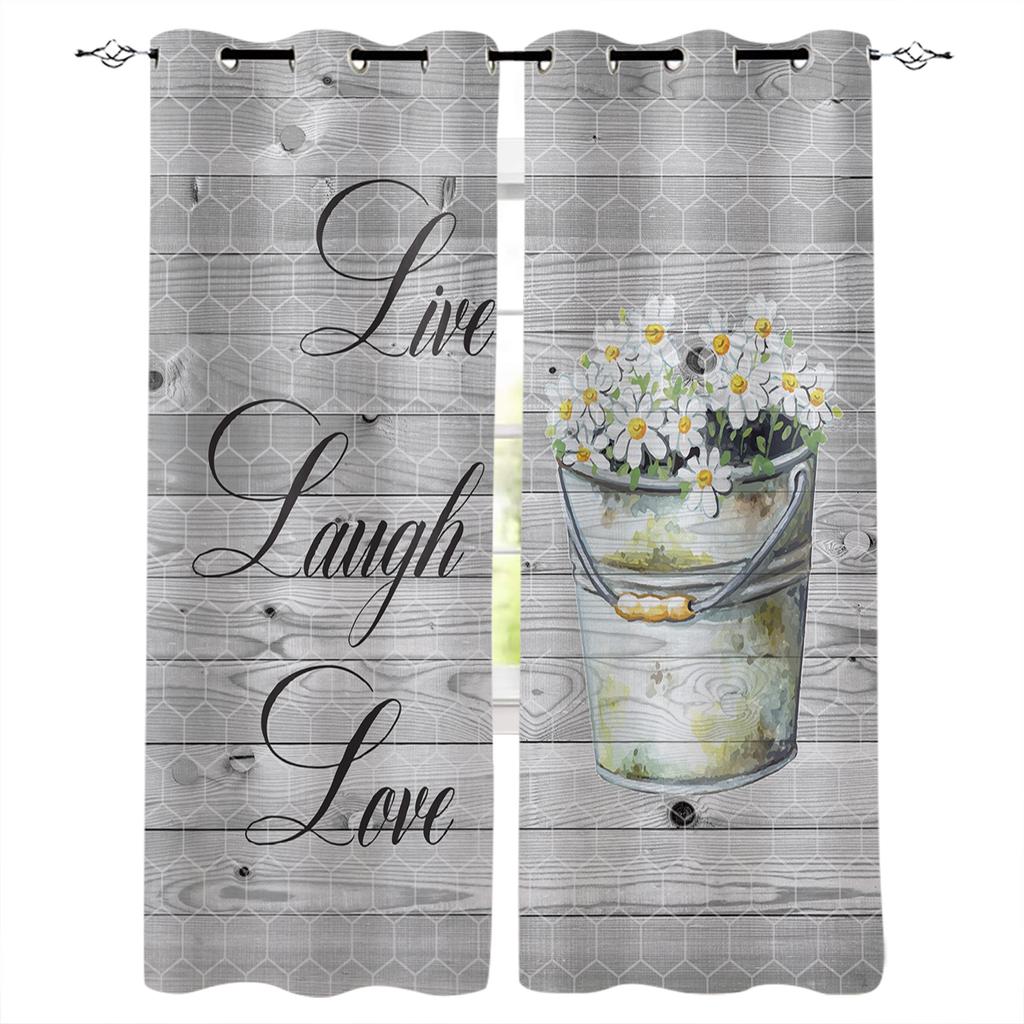 Vintage Wood Grain Flower Daisy Window Curtains Home Decor Bedroom Curtains Kitchen Drapes Panel Curtains for Living Room