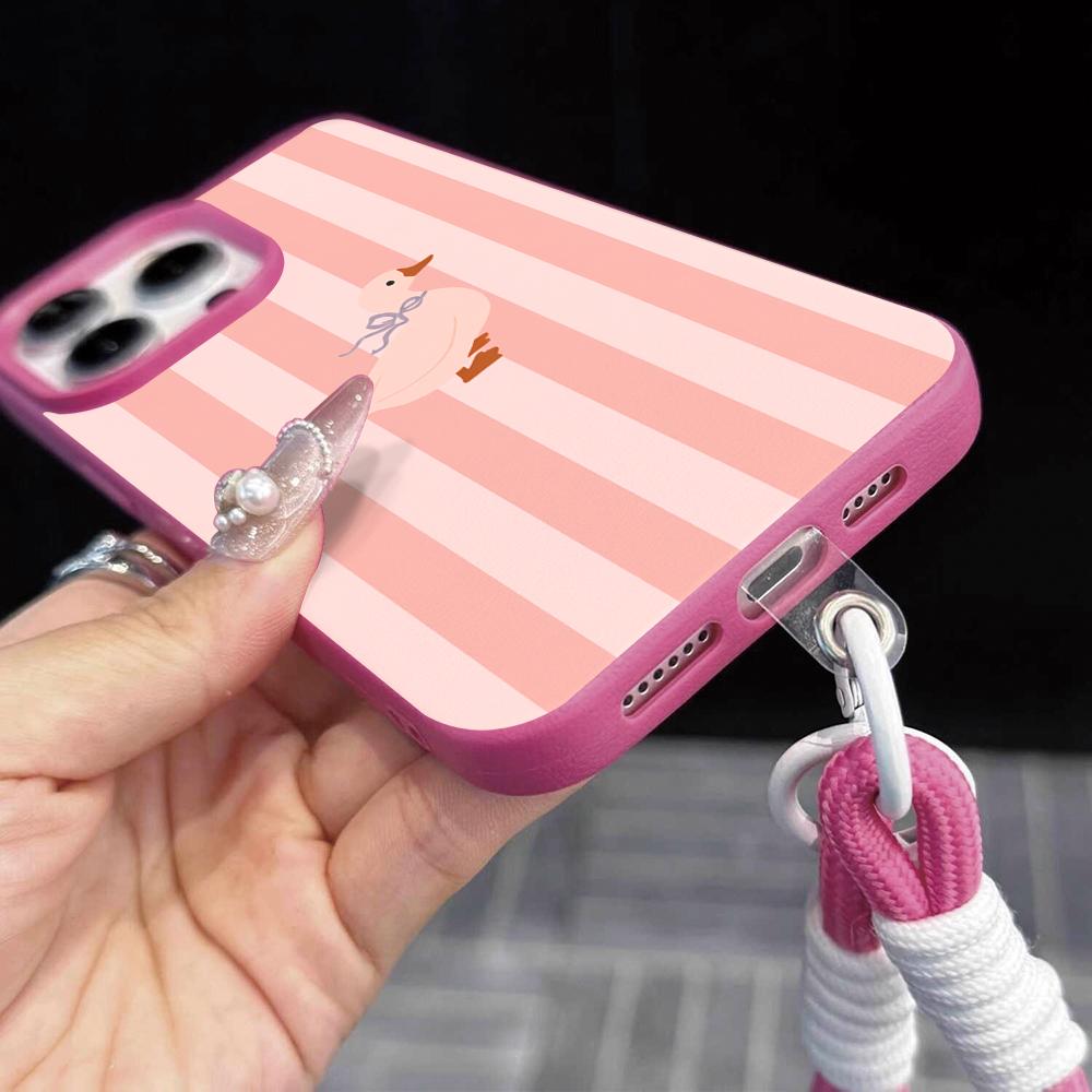 Striped Duck Strap Rope Phone Case For iPhone 17 16 15 14 13 12 11 Pro Max 16 15 14 Plus 17 16 15 Pro 17Air Silicone Matte Cover