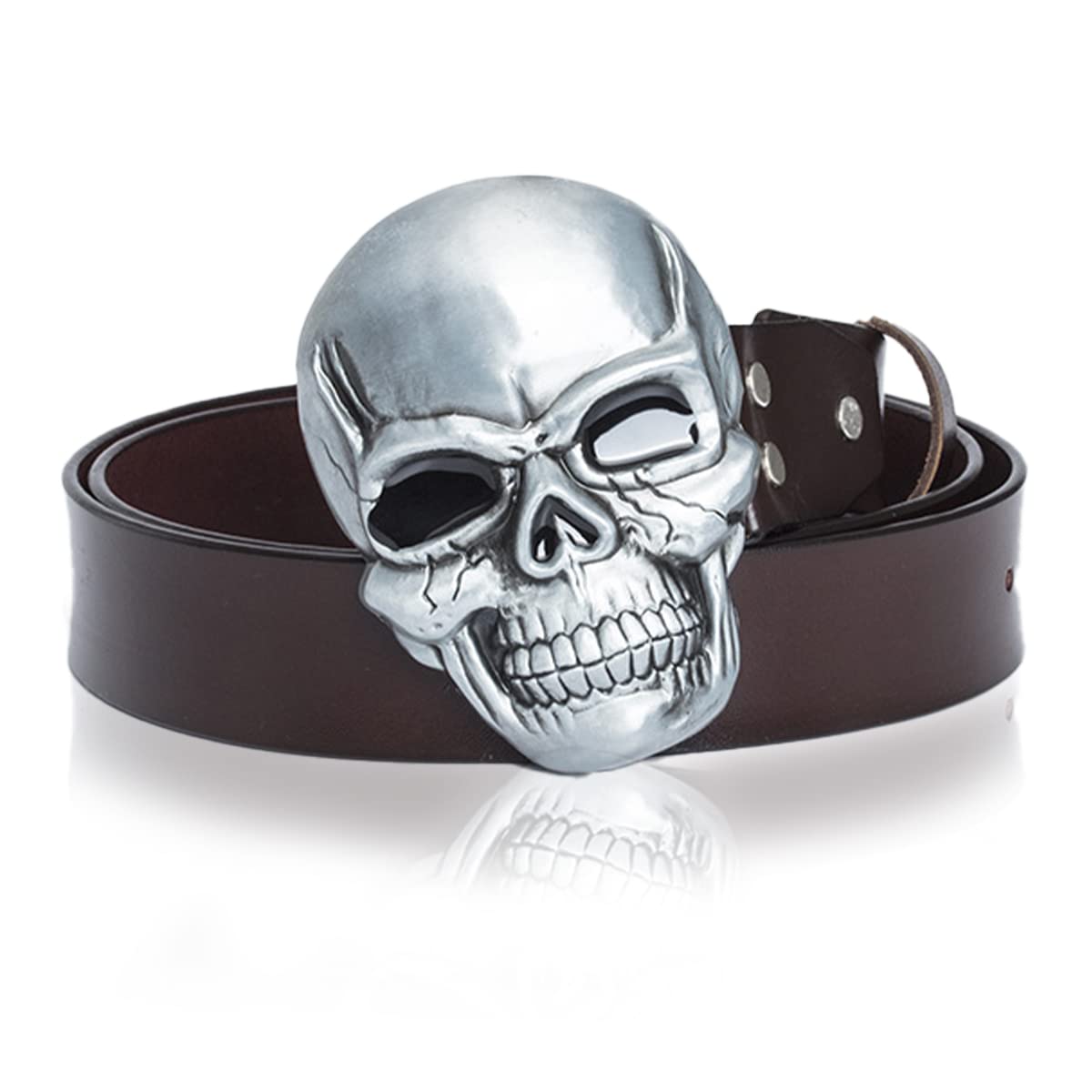 [Laquest] Big Skull Buckle Leather Belt for Men - Skull Metal Buckle, Punk Rock Biker Style (2. Brown)
