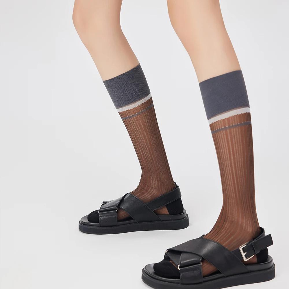 New Spring/Summer Women'S Mid Length Socks Vintage Thin Silk Socks Vertical Stripe Mid Leg Socks Sun Protection Long Stockings