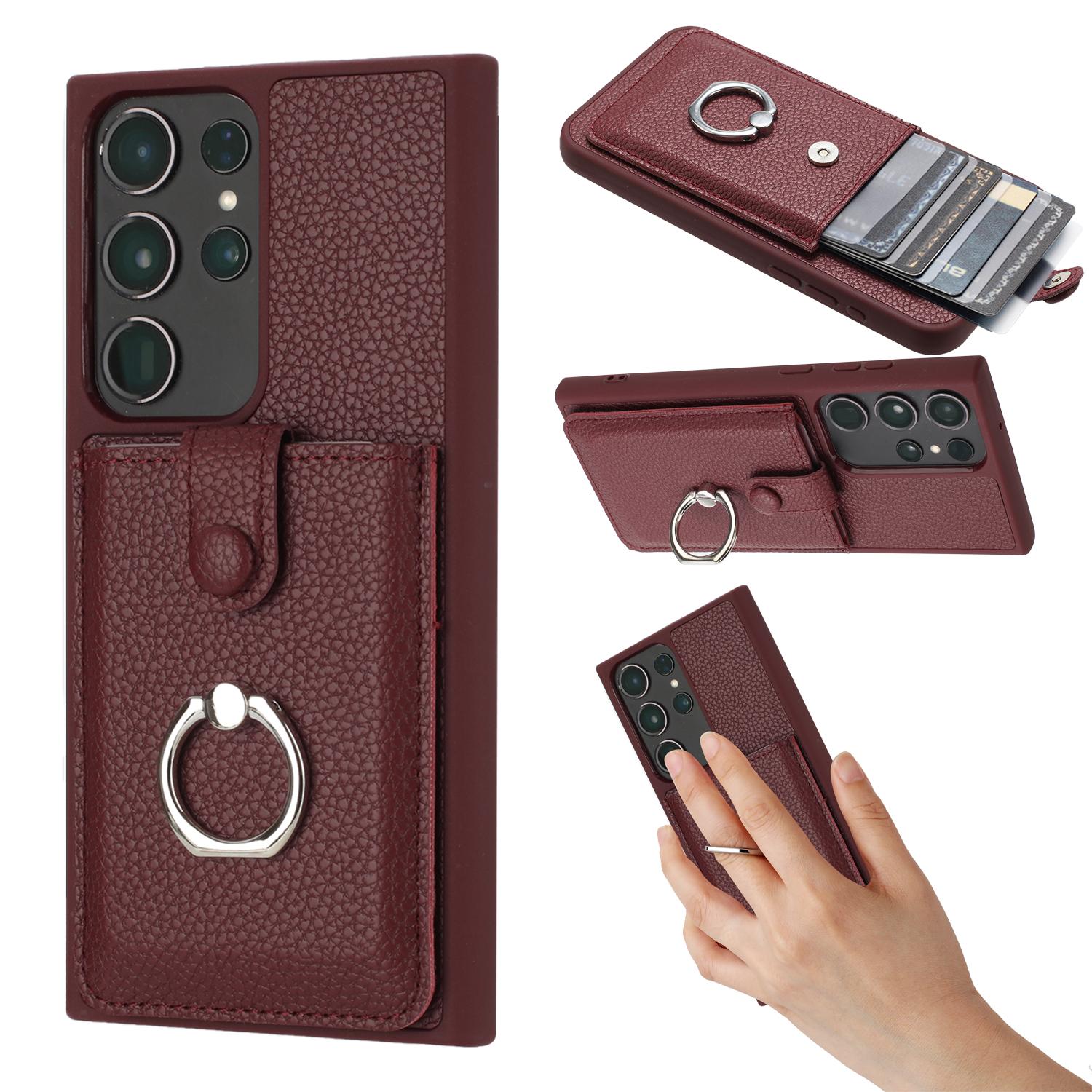 

For Samsung Galaxy S23 Ultra Case Drawing Type Card Slots Litchi Texture Leather Back Cover with Ring Kickstand Wine Red