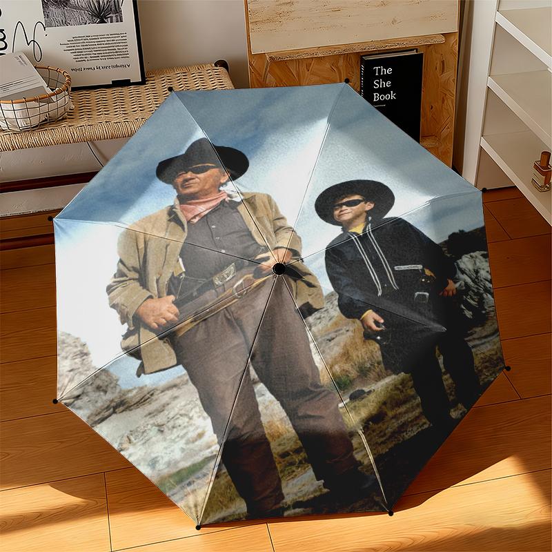 1pc Legendary John Wayne Umbrella Portable Folding Umbrella Iron Frame Hole Bone Structure Outdoor Home Umbrella