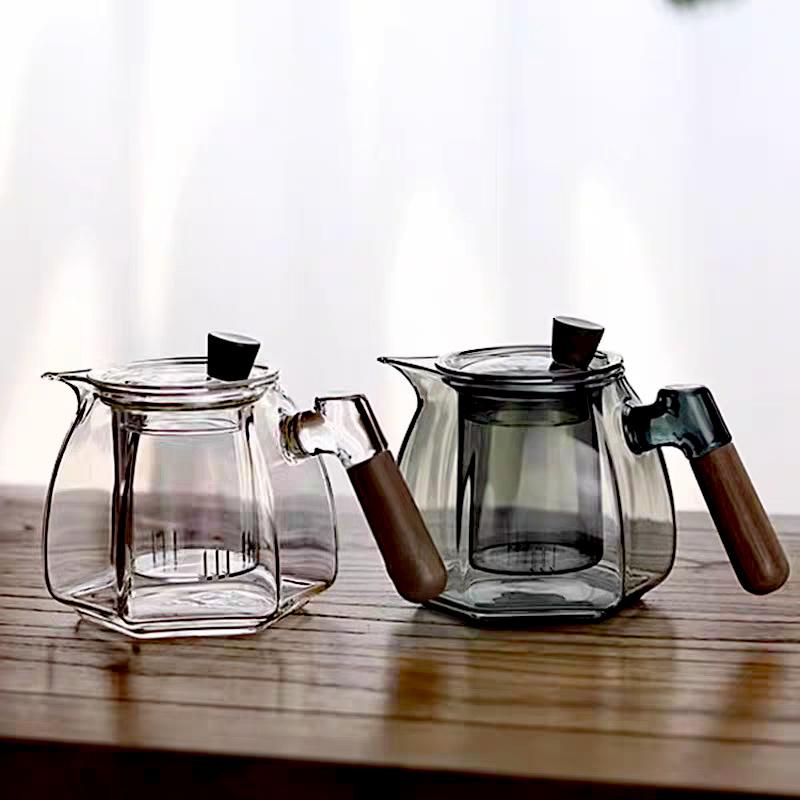 600ml Wooden Handle Hexagonal Glass Teapot with Tea Infsuer Houshold Brewing Tea Pot Tea Ceremony Tea Maker Teaware