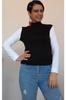 Women's Style Big Size T-Shirt Black Half Turtleneck Combed Cotton Viscose T-Shirt With White Color Block On Sleeves