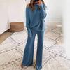 Tuta da ginnastica da donna a due pezzi, larga, manica lunga, spalle scoperte, top in maglia, pantaloni a gamba larga con elastico in vita, completo coordinato