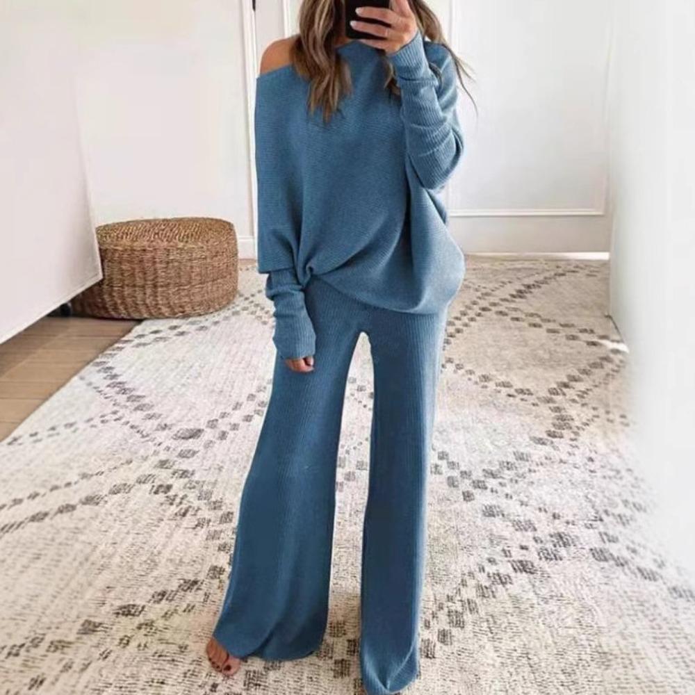 Tuta da ginnastica da donna a due pezzi, larga, manica lunga, spalle scoperte, top in maglia, pantaloni a gamba larga con elastico in vita, completo coordinato